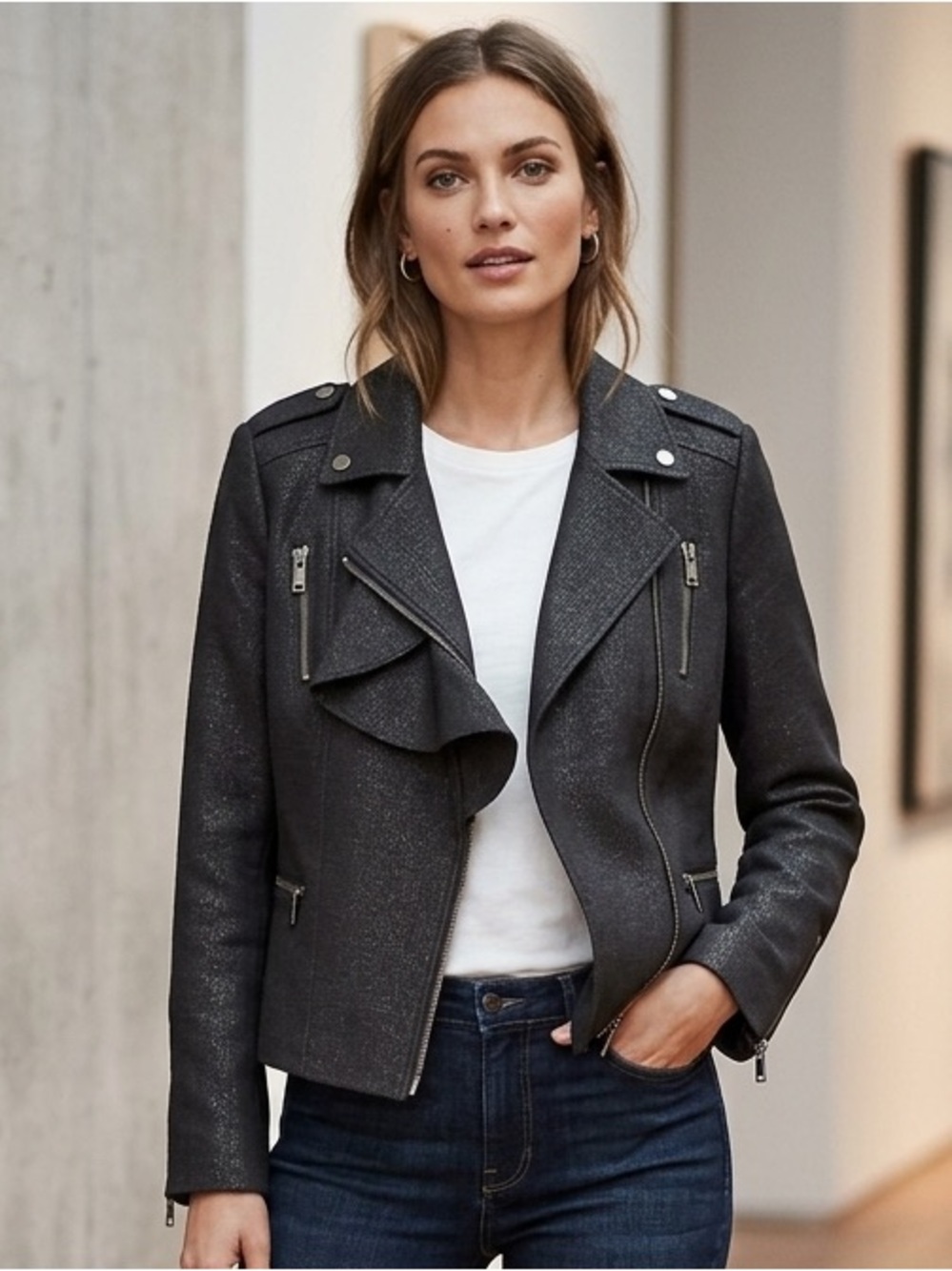 Banana Republic Metallic Ruffle Flounce Asymmetrical Moto Jacket Grey Shimmer